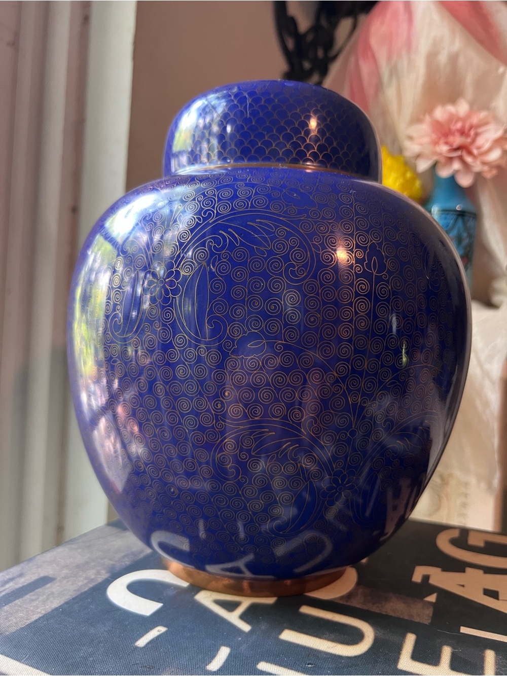 Antique Blue Cloisonne Lidded Ginger Jar Vase Price is firm